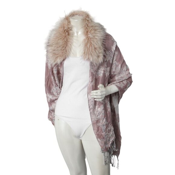 Jessica McClintock Faux Fur Collared Cape Floral Shawl Wrap Waterfall Pink Cream - Picture 5 of 12